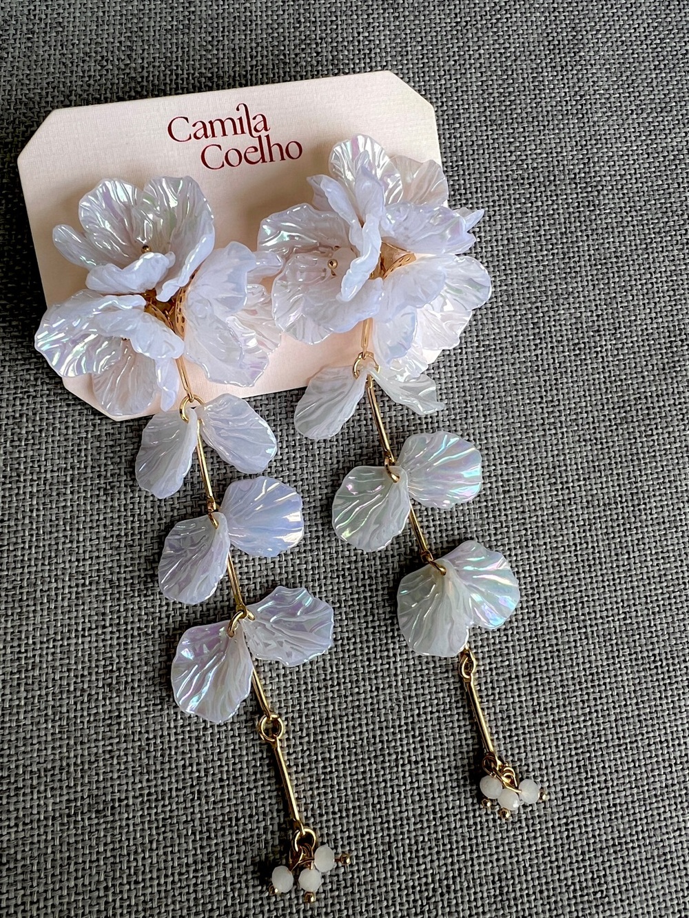 Camila Coelho floral drop earrings iridescent white gold NWT